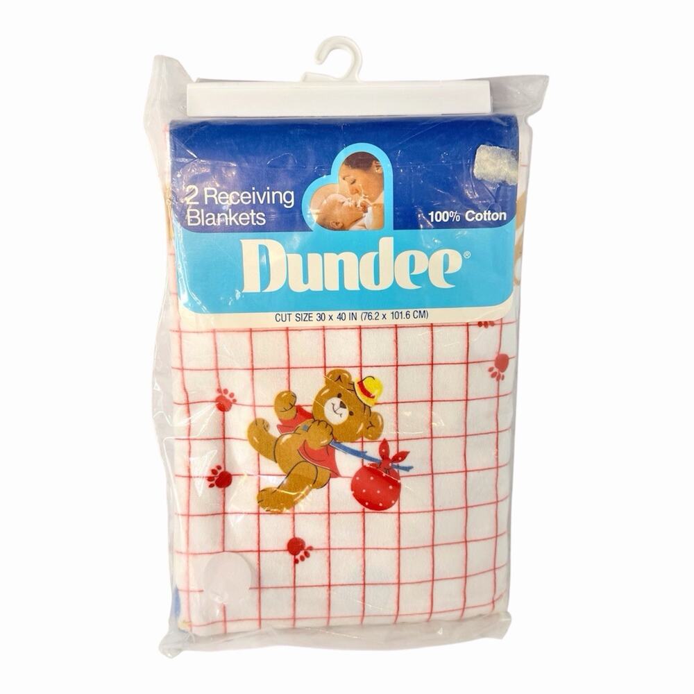 Vintage Dundee Two Baby Receiving Teddy Bear Blankets 30” x 40” Made in USA NOS
